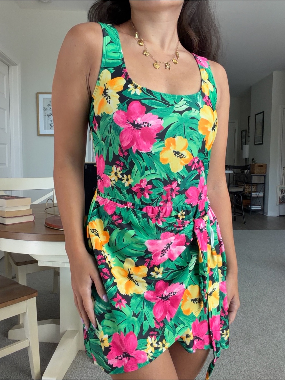 Old Navy Green Floral One-Piece Swim Dress with Pink & Yellow Flowers